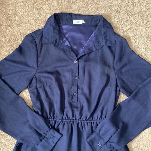TOBI plain navy blue button up long sleeve dress with cinched waist, medium - Picture 6 of 15